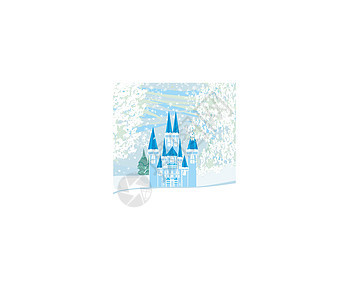 冬季风景与城堡蓝色丘陵森林季节庆典雪花村庄天气降雪白色图片