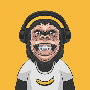矢量有趣的微笑黑猩猩猿与耳机和香蕉在他的 T 恤在黄色背景 墙壁艺术的快乐猴子 T 恤印刷品 海报 卡通可爱的黑猩猩猴子图片