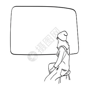 坐在椅子上看空空空间插图矢量手的女士后方视线 在白色背景线艺术中被孤立图片
