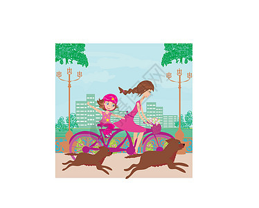 母亲和女儿骑自行车城市闲暇平衡训练动物乐趣公园女孩运动俏皮图片