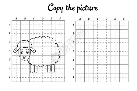 复制图片 按网格绘制 为孩子们涂色书页 手写练习 绘画技能训练 教育开发可打印工作表 活动页面 可爱的卡通矢量图学习孩子动物意义图片