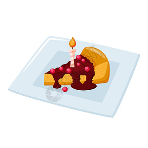 盘子上带浆果和蜡烛的一块小蛋糕 单向矢量插图图片