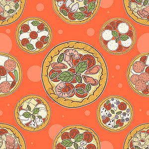 红背景的披萨无缝模式图片