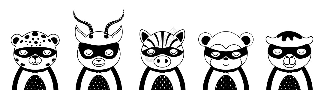 可爱的超级英雄人物动物 设计儿童 T 恤 幼儿园装饰 贺卡 斯堪的纳维亚风格的可爱角色 黑白套捷豹汽车 瞪羚 斑马 猴子 骆驼图片