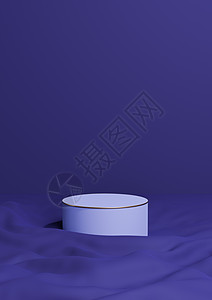 深蓝色3D 使最起码的产品显示一个豪华圆柱式讲台或站立在有金线的卷状纺织品产品背景壁纸抽象结构上图片