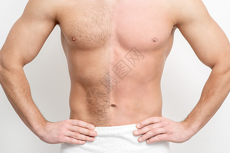 在毛发之前和之后 都用裸露的胸膛的人成人胸部卫生护理脱毛刮胡子皮肤腹部躯干男性图片