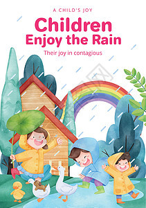 带儿童雨季概念 水彩色风格的海报样板插图孩子衣服童年广告下雨天小册子雨衣自由天空图片