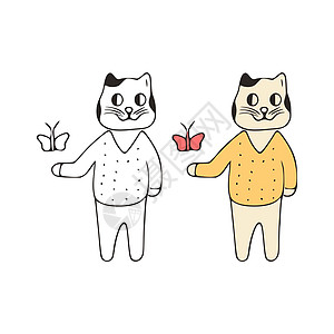 有趣的猫和蝴蝶涂鸦图标 白色背景的可爱宠物矢量艺术卡通片微笑贴纸字形草图猫科写意插图快乐铅笔图片