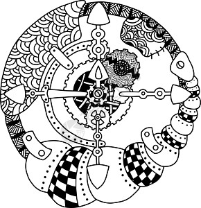 史坦普克黑白指南针 孤立在白色背景绘画涂鸦细线圆圈引擎车轮金属古董填色本技术图片