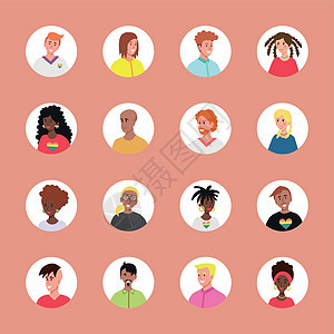 一组 16 个带有年轻人面孔的圆圈化身 不同种族和国籍 女性和男性的形象 用户配置文件图标集 圆形徽章与快乐的人矢量工人男人插图图片