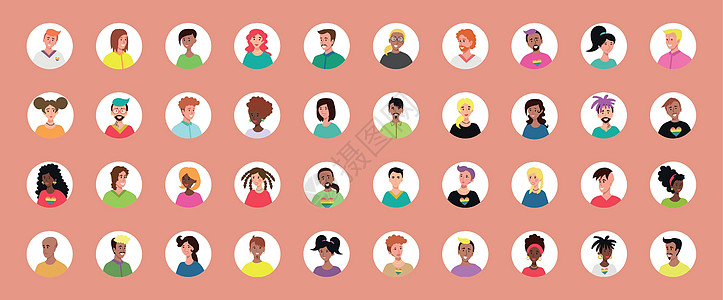 一组 40 个带有年轻人面孔的圆圈化身 不同种族和国籍 女性和男性的形象 用户配置文件图标集 圆形徽章与快乐的人-矢量图片