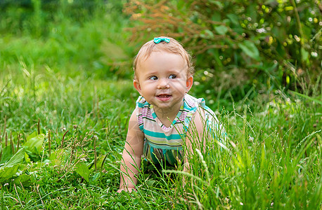 宝宝坐在草地上 有选择的焦点裙子蚊子横幅女孩童年闲暇快乐昆虫男生蓝色图片