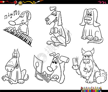 卡通狗动物角色设置着色书 pag插图染色卡通片微笑家畜电话钢琴吉祥物收藏宠物图片