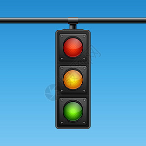 具有三维现实详细道路交通灯的矢量条 蓝天背景 安全规则概念 设计圣殿 断灯 交通灯模版等红色危险插图信息横幅城市绿色信号网络警告图片