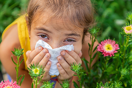 孩子对花朵有季节性过敏 有选择性地集中注意力花粉鼻子鼻音发烧哮喘男生组织流感季节横幅图片