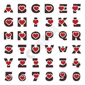 一组带有心脏符号的矢量字母和数字 在白色背景中隔离图片