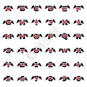 一组带有心脏符号和翅膀的矢量字母和数字 在白色背景上隔离图片