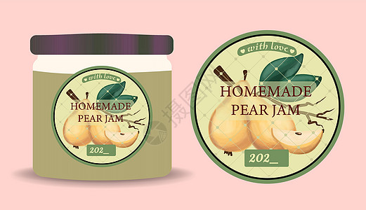 梨果酱的标签和包装 带有标签的罐子 框架中的文本与成熟的梨和树叶图片