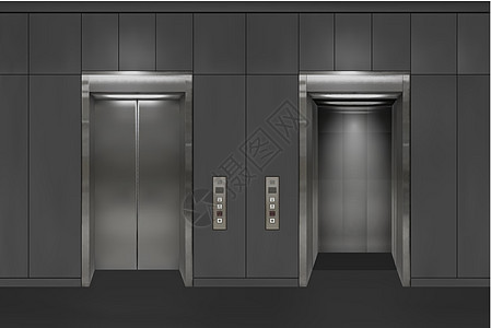 铬金属办公楼电梯门 开放和封闭的变体 现实矢量说明灰墙壁板办公室大楼电梯 (掌声)图片