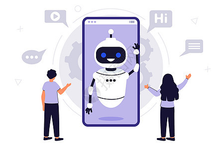 Chatbot AI 用户通信机器人助理软件服务讲话智力会议技术女士器人讨论手机图片