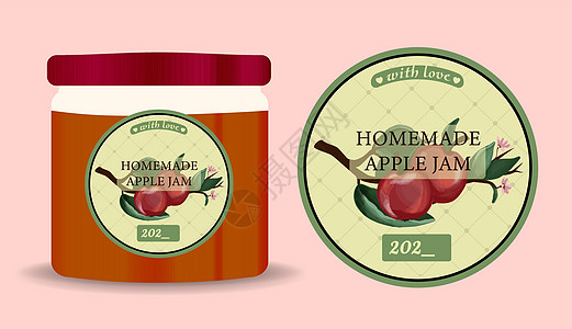 苹果酱的标签和包装 带有标签的罐子 框架中的文本与成熟的苹果和树叶图片