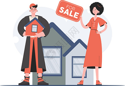 一个男人和一个女人正站在完全长大的人手中 手里拿着房子的模型 房屋销售 平面样式 演示文稿 网站的元素图片