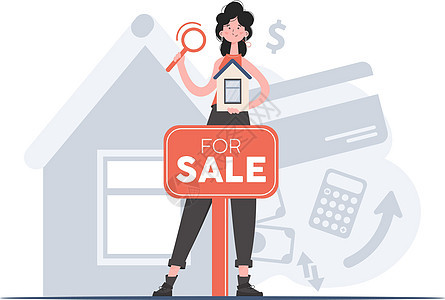 一名妇女身处全面成长状态 配有房屋模型和销售标志 财产搜索 平板风格 演示内容 网站图片
