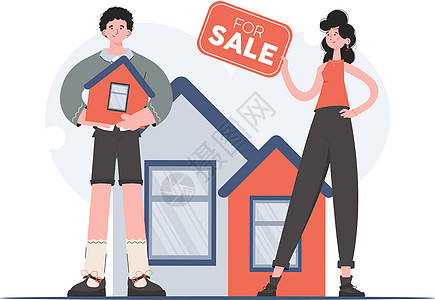 一个男人和一个女人站在完全成长的地方 展示着一栋待售的房子 房屋销售 平面样式 演示文稿 网站的元素图片