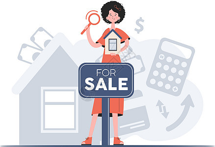 一名女性在全面成长中 拥有房地产销售标志 财产搜索 平板风格 演示内容 网站 (笑声)图片