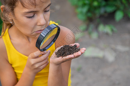 儿童用放大镜对地面进行检查 有选择地聚焦童年显微镜实验叶子生态镜片花园肩膀好奇心学生图片