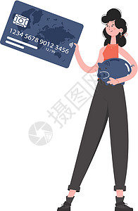 一个女人站在完全成长的地方 手里拿着一个存钱罐和一张信用卡 孤立 平面样式 演示文稿 网站的元素图片