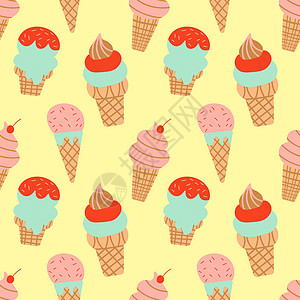 冰淇淋甜筒 华夫饼无缝图案黄色背景上的创意矢量 用于织物 纺织品库存图 EPS图片