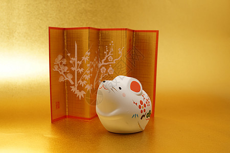 货币年度日历材料新年卡和新年材料贺卡金箔屏风老鼠风格陷阱小动物金子孩子背景背景图片