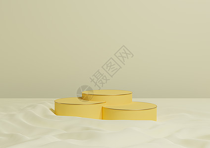 面 光 柑橘色黄3D 以最起码的产品显示三个豪华圆柱式讲台或摊台 用卷状纺织品产品摄影背景图画布和金线化妆品图片