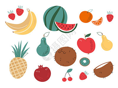 涂鸦水果 天然热带水果 涂鸦柑橘橙和维生素柠檬 纯素厨房苹果手绘 有机水果或素食 矢量隔离图标插图集 EPS图片