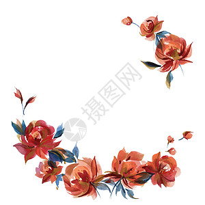 蓝玫瑰和橙玫瑰花圈在科特格民间潮流中情调卡片异国插图橙子花环框架水彩花束农村图片