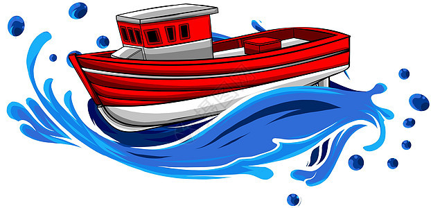 渔船边视图的装饰性病媒说明 海或河运输用于以卡通风格捕捞鱼;在海洋或河流运输图片