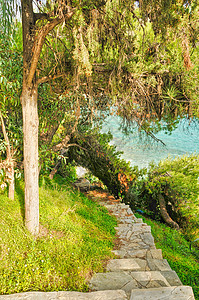 日落时沿海边海岸的石头路 侧面有岩石悬崖 在附近有蓝天景观树木地标路面旅行旅游城市长廊小路风景图片