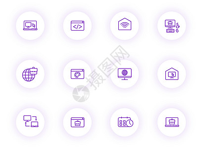 在带有紫色阴影的浅色圆形按钮上在家工作紫色轮廓矢量图标 在家工作图标集 用于网络 移动应用程序 UI 设计和打印界面停留家庭冥想图片