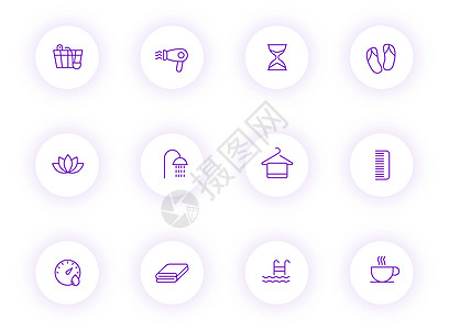 桑拿紫色轮廓矢量图标在带有紫色阴影的浅色圆形按钮上 为 web 移动应用程序 ui 设计和打印设置的桑拿图标蒸汽按摩用户网络治疗图片