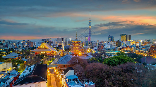 东京市区市中心日落时的天线城市风景景观历史建筑学旅行吸引力神社场景寺庙地标宝塔图片