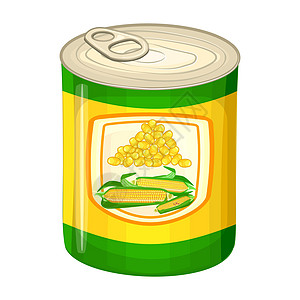 锡罐中的可口甜玉米和白色背景上孤立的标签上的玉米鳕图片