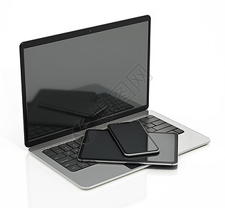 在白色背景上隔离的膝上型计算机 智能手机和平板电脑 3D 插图药片电话软垫3d展示互联网网络笔记本工具触摸屏图片