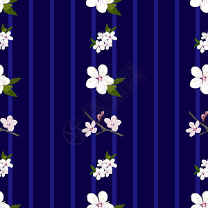 深蓝条纹背景的樱花无缝矢量图案图片