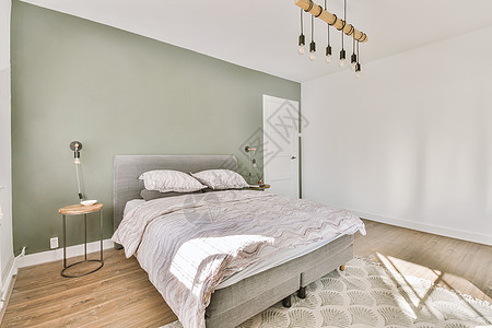 时尚卧室的豪华床地毯床单住宅房子格子吊灯水平枕头奢华公寓图片