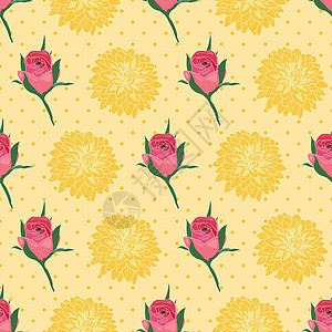 粉红玫瑰和黄色的黄菊花 在黄色背景上; 无缝无缝植物形态图片