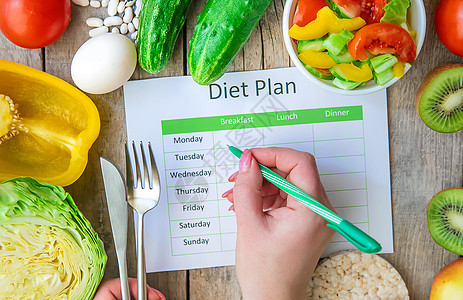 每周饮食计划 适当营养的概念 有选择的焦点重量减肥食物沙拉桌子节食日程排毒生物日记图片