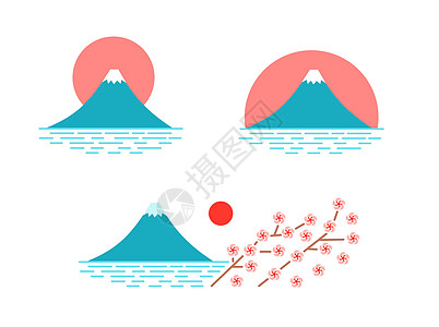 福吉山 佛吉山和太阳 花樱花的福吉山 矢量在白色上被隔绝图片