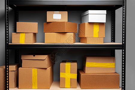 现代仓库装有纸板箱的书架行送货金属盒子零售运输货物商业建造物流仓储图片