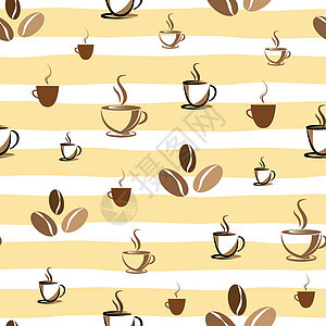 黄条形背景的咖啡和豆类无缝模式图片